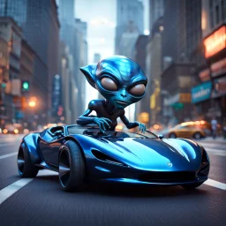 Magnetic blue cartoon alien driving a shiny black open sports car on a Manhattan road, character portrait by Mike Winkleman, featured in cgsociety, pop surrealism, rendered in cinema4d, daz3d, behance hd