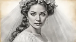 old postcard, white background, bride, black and white pencil drawing, 3d, 64k, high resolution, high detail, computer graphics, hyperrealism, f/16, 1/300 sec. digital painting, double exposure,