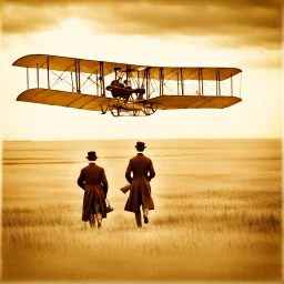 The two Wright brothers on the first flight in the Flyer they built, dramatic historical shot, outdoor shot, cinematic, early 19th century poster style