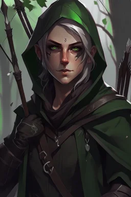 35 year old gender neutral dark rogue wood elf, thief assassin, Mauve hair, messy hair, bright green eyes, brown skin, black hood, black leather, messy, disheveled, trees, sneaky, bow and arrows, tall, skinny