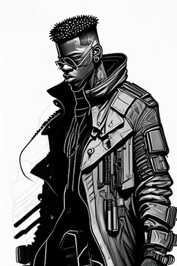 outline drawing of a black man with cyberpunk outfit