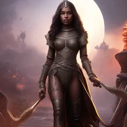 fantasy setting, insanely detailed, dark-skinned woman, indian, black wavy hair, magician, medieval cothes