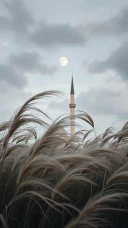 Windblown grass with winds with clouds and moon in the background, high quality picture 8k, beautiful cinematic lighting and all gray colors , a tall old Islamic building in background