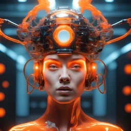 Organic jon, cyborg Ai queen with neuralink headgear, on an inter dimensional catwalk,perfect human face, clear acrylic plastic film, full body shot, catwalk fashion show, iridescent, surreal, Salvador Dali meets pixels,,waterhead, dj style, neon orange,glowing eyes ,clouds