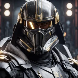 star wars bald male corellian pilot wearing pearlescent black and gunmetal grey First Order special forces heavy assault stealth commando armor and helmet with gold trim inside the jedi temple, hyperdetailed, dynamic lighting, hyperdetailed background, 8k resolution, volumetric lighting, light skin, fully symmetric details