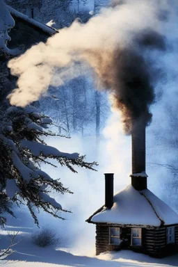 mysterious smoke coming from a chimney of a cottage in winter with trees covered in snow