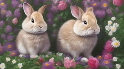 Renkli çiçekler arasında, yavru pembe tavşan