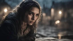 Photoreal close-up of a gorgeous rogue woman crouched in the shadows on an old medieval village rooftop in pouring rain at midnight by lee jeffries, otherworldly creature, in the style of fantasy movies, shot on Hasselblad h6d-400c, zeiss prime lens, bokeh like f/0.8, tilt-shift lens, 8k, high detail, smooth render, unreal engine 5, cinema 4d, HDR, dust effect, vivid colors
