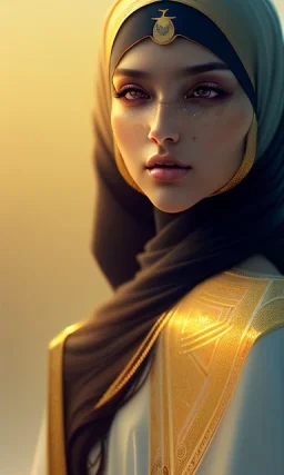 Arab young woman ,Arabic features، cute, beautiful, long hair, wavy hair, black eyes,A tuft of hair on the face,Arab cloak، head and shoulders portrait, cinematic, 8k, resolution concept art portrait by Greg Rutkowski, Artgerm, WLOP, Alphonse Mucha dynamic lighting hyperdetailed intricately detailed