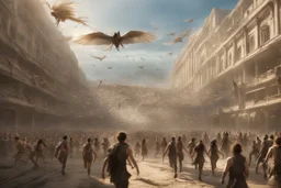 View of Elysium with winged females flying over people running away in fear
