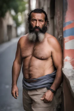 close up photography of an ugly 44 year old beefy robust burly turkish homeless, wearing his work unbuttoned shorts, shirtless, leaning with his back on the wall, hands on the fap, dirty, sweat, wet, ajar mouth, hairy chest, , very virile, short black beard, shaved hair, sweat, , in a sunny street, photorealistic , frontal view from the ground