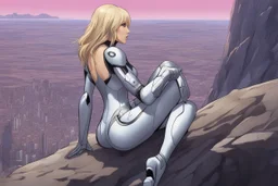 woman in an android-looking catsuit, with shoulder-length blond hair, sitting on a rock, sideways, with a planet behind her, a futuristic city on the horizon