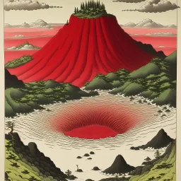 A light red plateau with a molten crater painted by Utagawa Hiroshige