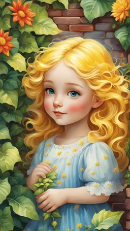 In this captivating children's illustration, you will encounter a beautiful young girl with bright yellow hair that resembles the warmth of sunshine. Adorning her head are red flowers delicately sewn, adding a touch of whimsical charm to her appearance. Her adorable sparkling blue eyes twinkle with innocence and wonder. The girl finds herself surrounded by a brick wall covered in lush green ivy, creating a magical and enchanting backdrop. Created with meticulous detail using digital painting tec