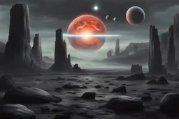 Grey sky, planet in the sky, rocks, mountains, 80's sci-fi movies influence
