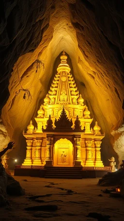 An amazing temple with a great religious golden status all around in un underground cave with dim lights