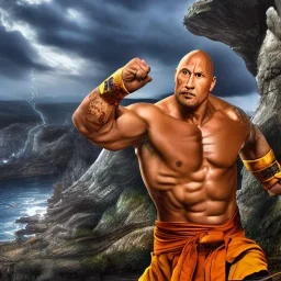 Fantasy, Dwayne Johnson as shaolin monk, heroic, award winning, insanely detailed, sunlit, realistic, fighting,acrylic paint, 8k resolution, hdr