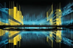 Double exposure transparent glich picture silhouette of a building, bridges, abstract patterns, glitch art with distorted shapes, optical illusion, gray-yellow and blue gradient effect, rhythmic noise particles. Grain scored texture. Black background.