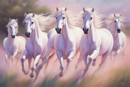 Oil on canvas portrait of seven majestic white horses galloping in a vast, open landscape. They go at full speed, their manes blowing in the breeze. The soft gradient background of pastel pinks and purples creates a serene and dreamy atmosphere. Clear summer weather. The overall effect is one of movement and freedom, capturing the boundless spirit of horses.