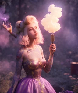 Ultra realistic wonderland photo, happy blonde woman smoking a shisha, blue dress, big purple-cat friend, circus dress style, old school tattoo, smoke, marijuana garden, glow eyes, perfect iris, soft color, highly detailed, unreal engine 5, cinematic, ultra detail, volumetric lighting, high definition.