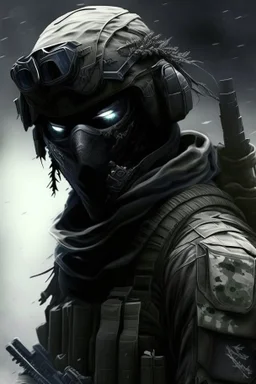 A soldier in the game modern warfare, he wears a solid black creepy helmet that covers his face. He is a sniper, but can also run point. His call sign is Wraith.