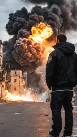 Man in a black bomber jacket, back to the camera, looking down a street, watching an explosion of fire and lights in front of him.