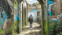 A faded mural of a person on an old wall with a window and an archway leading to a pathway, surrounded by graffiti art