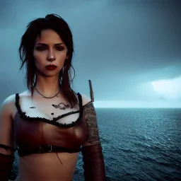 illustrator, hyper realistic, young spanish pirate girl, short hair.lips red smiling. tatoos on neck. dressed in leather and bra. pirate ships. high details, thunderstorm. 4k, unreal engine, misty, tintoretto