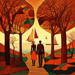 Vibrant painterly illustration, symbolic geometric realism. A surreal coastal landscape divided between land and sea. On a dark cliff in the foreground stands a leafless tree with delicate branches; nearby, small human figures appear as silhouettes. Sailboats float on a gently moving sea, their shapes simplified and graphic. Strong contrast between warm and cool tones, high color saturation, luminous pigments. Clearly painted surface with visible brushstrokes, flat yet textured color fields, han