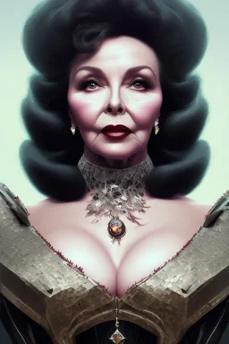 Joan Collins as evil queen in black leather, leather, busty, cleavage, angry, stern look. character design by cory loftis, fenghua zhong, ryohei hase, ismail inceoglu and ruan jia. unreal engine 5, artistic lighting, highly detailed, photorealistic, fantasy