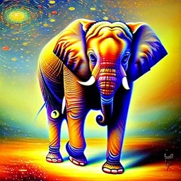 Dibujo al oleo de un elefante indio pintado con muchas nubes de colores estilo Vincent van Gogh