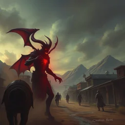 demon attacking wild west town grimdark realistic