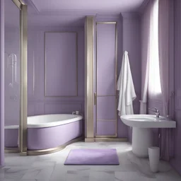 hotel bathroom, modern classic style, lavender colors, 3d