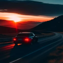 dark night, car taillights, driving towards a rising sun in the distance, mountains and forests next to the road
