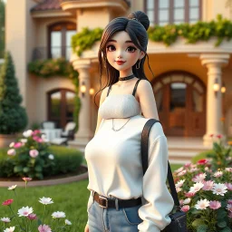 A macro 3D render of a cute, lovely lady with modern clothing is posing in yard of a luxury villa next to flowers. High-quality CGI, octane render, 8k resolution, whimsical, adorable, clean composition. long shot ,4:3