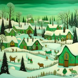 A mint colored snow covered Christmas themed Viking village painted by Henri Rousseau