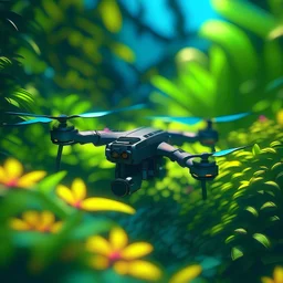 a mavic drone flying mid air in front of green, luscious foliage and plants in the background, shallow dept of field, bokeh, rough paint brush marks, illustration, bright colors, neon palette