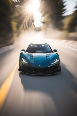 Facing front Sports car drifting around a corner, motion blur, narrow depth of field, lens flare, dynamic angle, asphalt spray, high octane energy