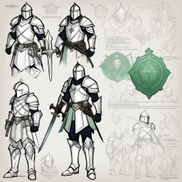ConceptSheet for wii No More Heroes style with thick lines: the green knight Arthurian Lore Concept: helmet, armour, and weapons with their blueprint: sword, shield, helmet, plate, and all the package of a knight-errant