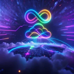 Colourful 3D glowing infinity symbol ∞, hovering above a colourful glowing cloud, network and lights coming from the cloud onto a futuristic map of the globe, inspiring, neon, glowing, friendly, beautiful, octane render, 8k post-production, artstation: award-winning: atmospheric: commanding: fantastical: clarity: 16k: ultra quality: striking: brilliance: liquid medium: stunning colors: amazing depth; lens: f/8, 28mm