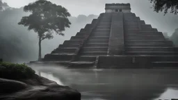 Photoreal magnificent low angle view of an enormous water surrounded mayan pyramid surrounded by a murky moat in a jungle rich environment in morning mist y lee jeffries, otherworldly creature, in the style of fantasy movies, photorealistic, shot on Hasselblad h6d-400c, zeiss prime lens, bokeh like f/0.8, tilt-shift lens 8k, high detail, smooth render, unreal engine 5, cinema 4d, HDR, dust effect, vivid colors