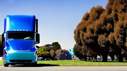 A Tesla semi-truck is parked, in the 'Golden Gate Park', in San Francisco. CINEMATIC. WIDE ANGLE LENS. PHOTO REAL.