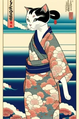 ukiyo-e style print of a cat with a human body wearing a soft yukata and walking by the sea