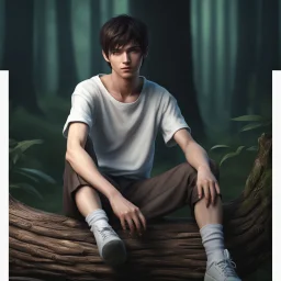 thin 17 year old male with short dark hair and blue eyes wearing a ripped and dirty white teeshirt sitting on a log , photorealistic, 4k, dark fantasy