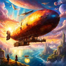 A Zeppelin flying in a fantasy sky next to fantasy creatures. Light, Sunset, Happy, Fantasy. Magical. Epic. Dramatic, highly detailed, digital painting, masterpiece