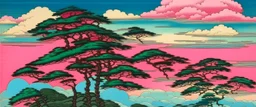 A pink sky filled with wispy clouds painted by Utagawa Hiroshige