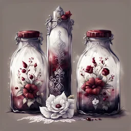 watercolor draw gothic vintage glass bottles, dark red with flowers, white lace and rubies, white background, Trending on Artstation, {creative commons}, fanart, AIart, {Woolitize}, by Charlie Bowater, Illustration, Color Grading, Filmic, Nikon D750, Brenizer Method, Side-View, Perspective, Depth of Field, Field of View, F/2.8, Lens Flare, Tonal Colors, 8K, Full-HD, ProPhoto RGB, Perfectionism, Rim Lighting, Natural Lightin