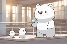 cute fluffy chibi ice bear on an exhibition room with stands in sunshine