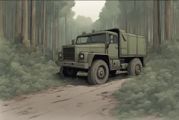 Military truck on a road, forest, overgrown apocalyptic, comic book,