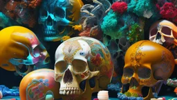 a picture of a dark, comedic, anatomically correct wall of colorful tightly packed skulls of varying sizes and expressions, photo realistic, insanely meticulous, highly detailed, part of a collection of bones on display, 64k, dystopian, vray